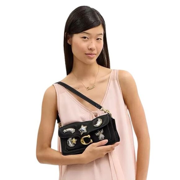 Coach Tabby Shoulder Crossbody Bag 26 Moon Stars Angel Pins Black Leather New - Picture 3 of 12